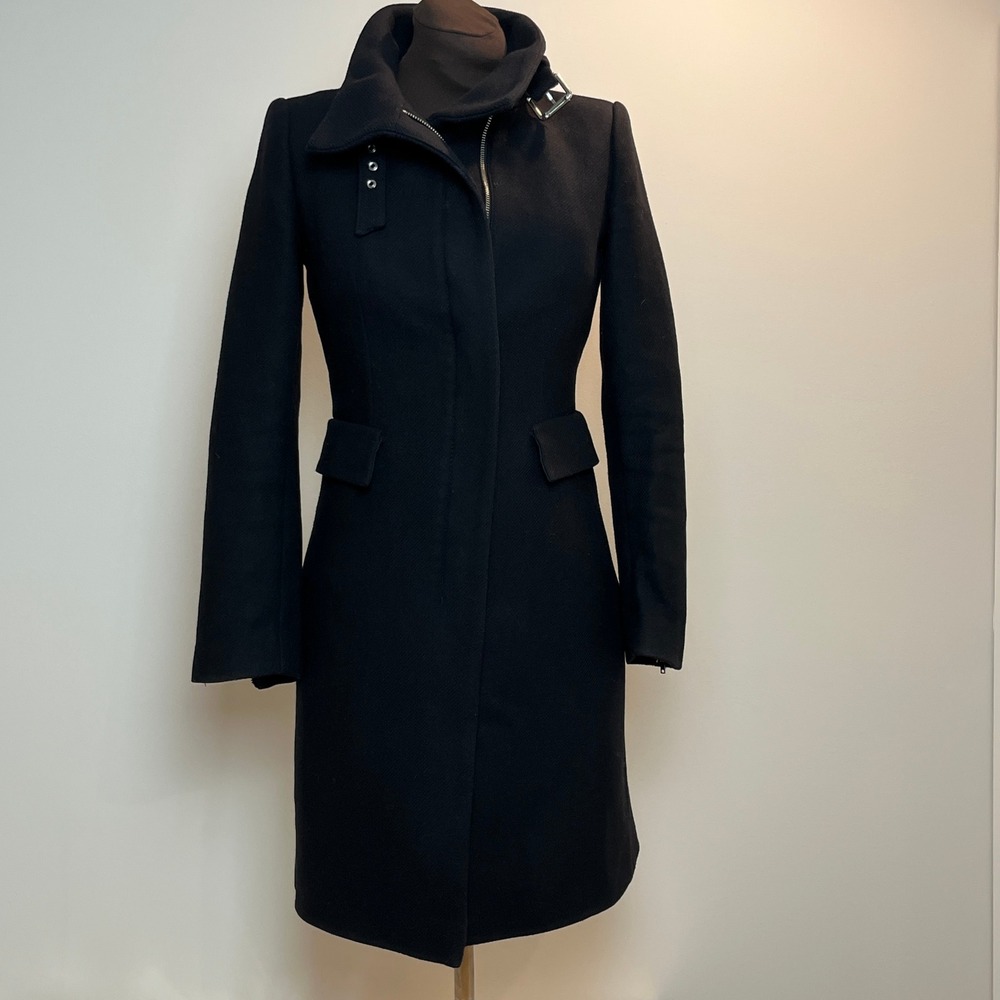 Zara Woman Black Wool Blend Asymmetric Zip Funnel Neck Coat 7656/744/800 S